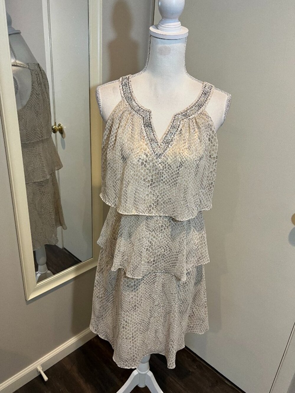 White House Black Market Beige Shimmering Snake Print Tiered Shift Dress, Size 6